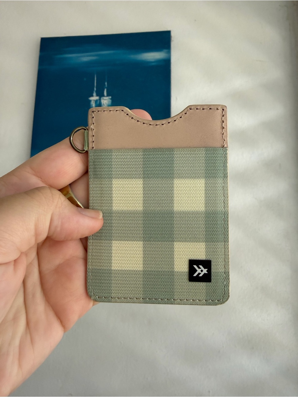 Plaid Card Holder with Key Ring - Green & Tan